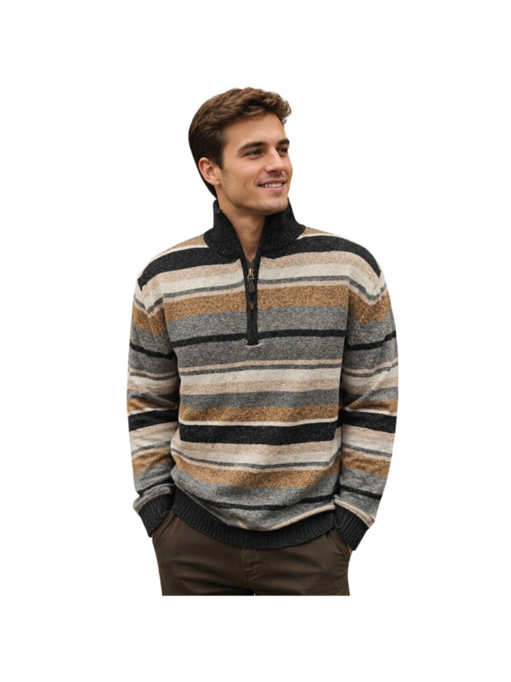 Vintage 100% lambswool Striped Quarter Zip Sweater L Cream Rustic Cabin grandpa